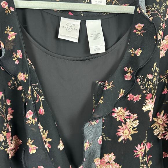 Womens Emma James Black Pink Floral Sheer Blouse 2 Pc w/ Tank 3/4 Sleeve Size 16 - Picture 4 of 9